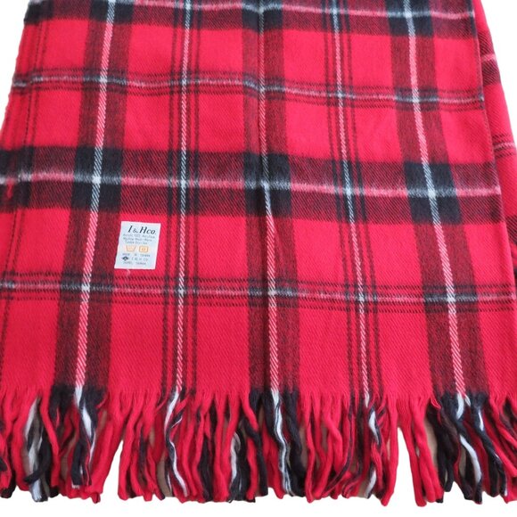 Vintage Acrylic Throw Blanket Red Tartan Plaid Fringe 54" x 50" Camp Lap Stadium - Picture 1 of 8